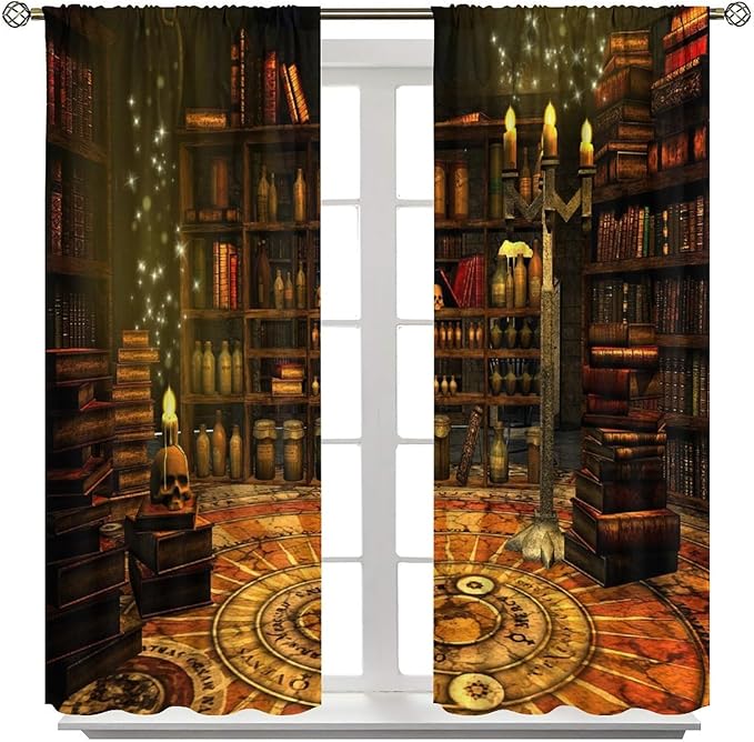 Gothic Mid Century Skeleton Blackout Curtains, Vintage Style Medieval Library Rod Pocket Window Drapes, for Living Room Bedroom 27.5(W)*63(L) 2 Panels