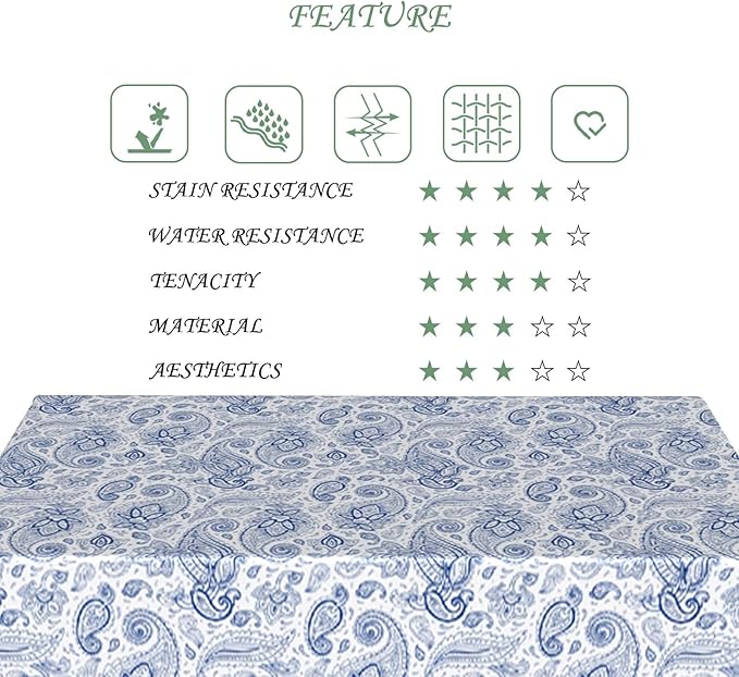 70x120 Inch Paisley Rectangular Tablecloth Blue Boho Floral Table Cloth Bohemian Washable Durable Table Cover for Dining Banquet Garden Patio Decor
