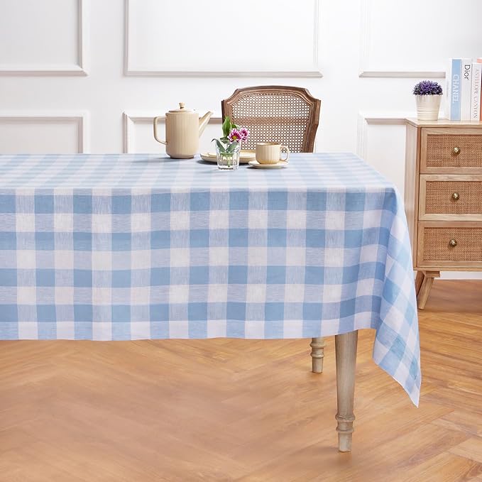 Solino Home Linen Checkered Tablecloth 60 x 90 Inch - 100% Pure Linen Chambray Blue and White Buffalo Plaid Table Cloth for Rectangle Tables - Machine Washable Tablecloth for Holiday