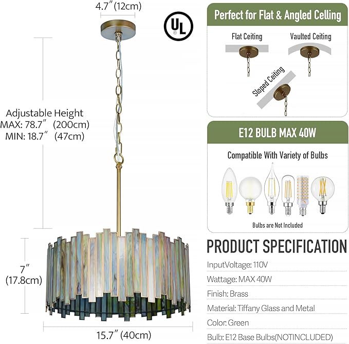 Drum Chandelier 4-Light, Brass Gold Tiffany Pendant Lighting Fixture with Stained Gradient Green Glass Shade, 16” Round Ceiling Hanging Lamp Kitchen Island Bedroom Dining Living Room