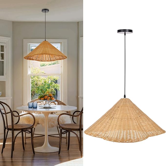Arturesthome Modern Farmhouse Chandelier Woven Pendant Light Natural Rattan Hat Lamp Shape 1 Light Rustic Chandelier for Dining Room Kitchen Restaurant 23.6"