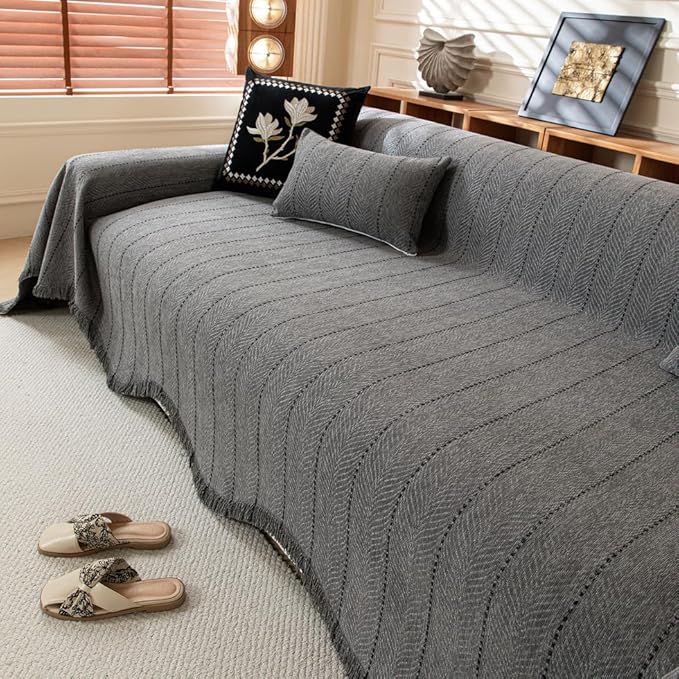 ROOMLIFE Gray Couch Cover Boho Sofa Covers for 3 Cushion Couch Washable, Furniture Protector Sofa Couch Cover for Dogs, Soft Chenille Sofa Slipcover, Couch Throw Blankets with Tassels 71 '' X 134''