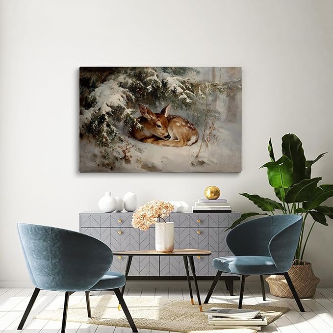Winter Fawn Wall Art Prints,Woodland Christmas Decor,Rustic Farmhouse Print,Cozy Animal Painting,Snowy Forest Artwork,Christmas Snowy Deer Scenery