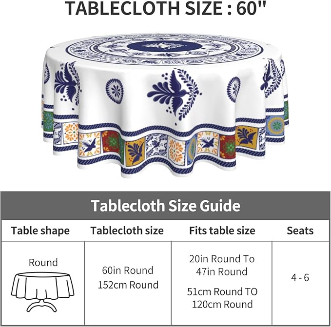 Mexican Round Tablecloth, Floral Bird Talavera Ceramic Tile Dia De Los Muertos Azulejo Mosaic Water Resisitant Table Cover for Dining Kitchen Living Room Home Party Holiday Decor 36 inch Round
