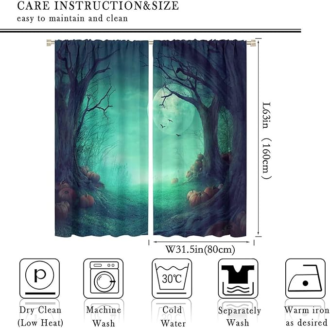 Gothic Mushroom Blackout Window Curtains, Misty Dark Black Forest Moon Halloween Window Drapes, for Living Room Bedroom 31.5(W)*63(L) 2 Panels