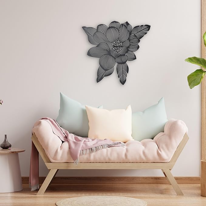 NEODECO 3D Flower Metal Wall Art, Floral Line Art, Minimalist home decor (Black, Large)