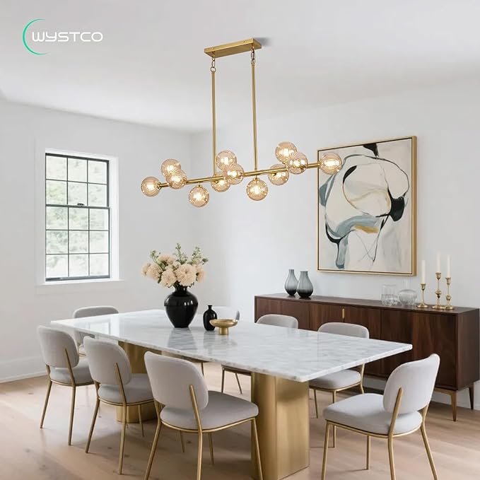 50" Large Sputnik Globe Chandelier, 12-Light Mid Century Modern Light Fixture Over Table, Brass Gold Linear Chandeliers for Dining Room and Kitchen Island (Amber Glass Bubble Shades)