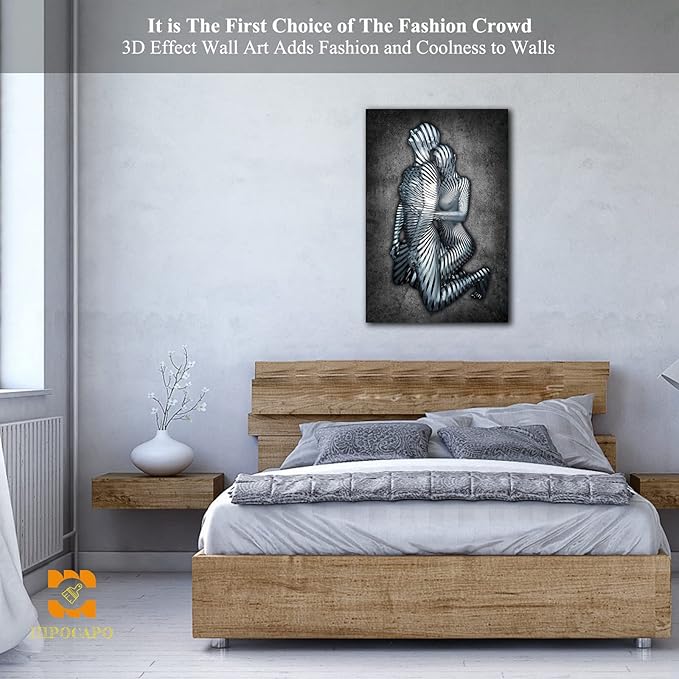 3D Metal Effect Wall Art - 3D Metal Art Wall, Modern Abstract Hug Lovers Painting Picture Poster Prints for Bathroom, Romantic Couple Living Room Canvas Wall Art Framed 18”x24”x1Pcs