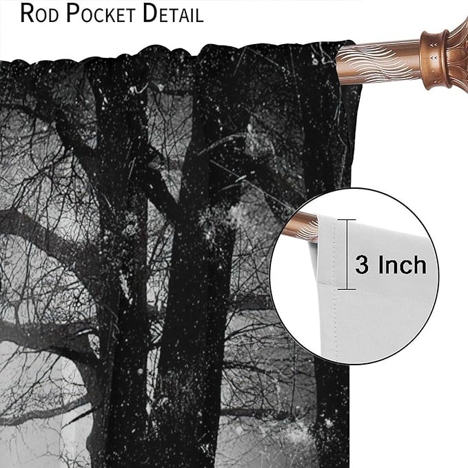 Gothic Forest Blackout Curtains, Foggy Forest Dead Trees Crow Halloween Style Black White Scary Print Window Treatments, for Bedroom Living Room 36(W)*63(L) 2 Panels