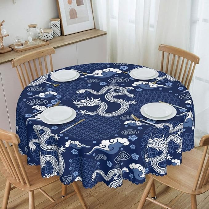 Japanese Tablecloth Round, Blue Traditional Zodiac Dragon Vintage Asian Style Oriental Water Resisitant Table Cover for Dining Kitchen Living Room Home Party Holiday Decor 70 inch Round