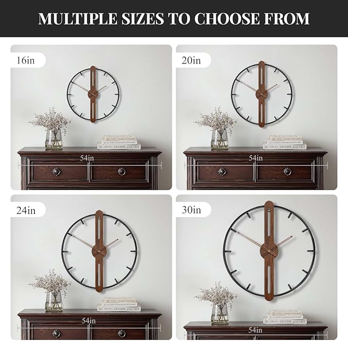 Modern Wall Clock for Living Room Decor, Silent Non Ticking Battery Operated Big Clock, Rustic Minimalist Wood Metal Frame Decorative Wall Clocks for Office, Bedroom, Kitchen, 20 Inch