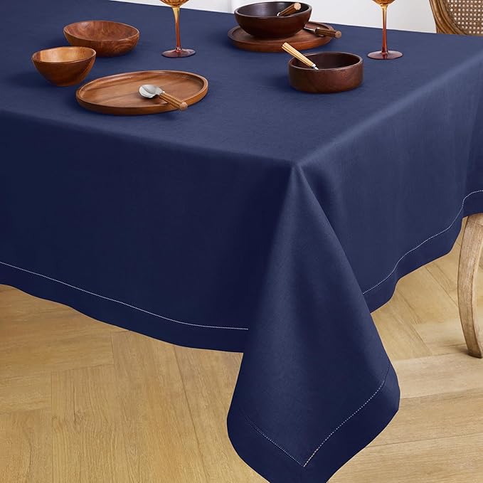 Solino Home Navy Blue Linen Tablecloth 60 x 120 Inch - 100% Pure Linen Hemstitch Table Cloth for Rectangle Tables - Classic Hemstitch, Machine Washable Tablecloth for Thanksgiving, Christmas, Winter