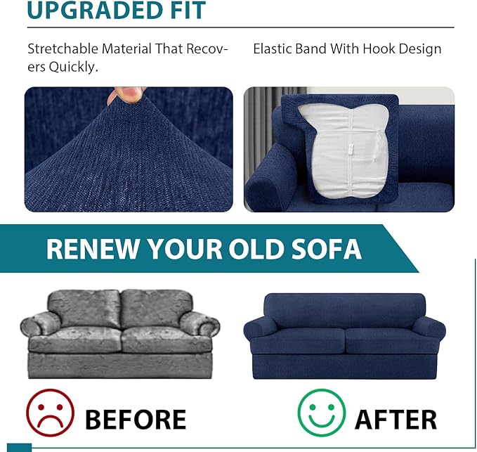 3 Piece T Cushion Sofa Slipcovers Stretch Couch Cover Furniture Covers with 2 Individual T Cushion Covers, Machine Washable for Living Room (Navy, 2 Cushions)
