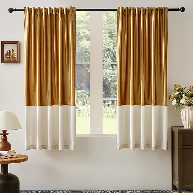 Velvet Curtains for Living Room Gold Cream Ivory 63 inches Long,2 Panels Blackout Curtains Modern Color Block Back Tab Rod Pocket Soundproof Drapes for Bedroom Window Decor