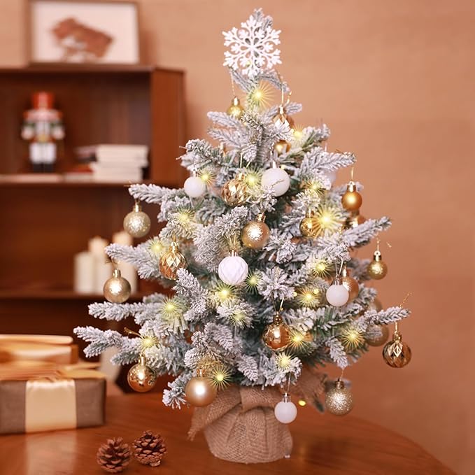 2ft Snow Flocked Prelit Small Christmas Tree Decorations with 35 Dual-Color LED Lights, Lighted Mini White Xmas Tree Artificial for Tabletop Mantle with 157 Tips, Burlap Base,Battery-Operated