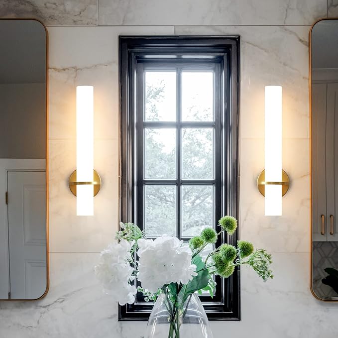Gold Wall Sconces Set of Two - 18 inch Dimmable Modern Sconces Wall Lighting 18W 3000K LED Wall Lights Acrylic Lampshade Hardwired Wall Light Fixtures for Living Room Bedroom Bathroom Hallway