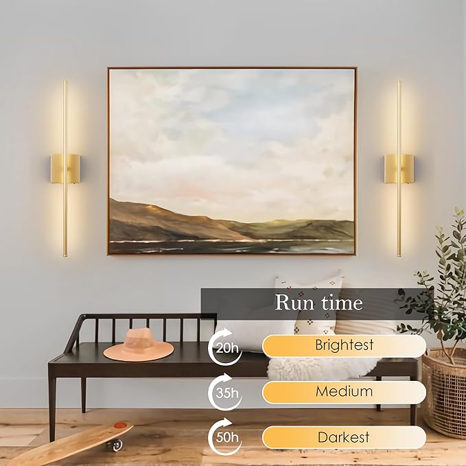 Battery Operated Wall Sconces with Remote Control, Dimmable Wall Sconces Set of Two, 350°Rotate, 3000K LED Gold Wireless Wall Light for Living Room, Hallway, Bedroom, 32.2 Inch (2 Pack)