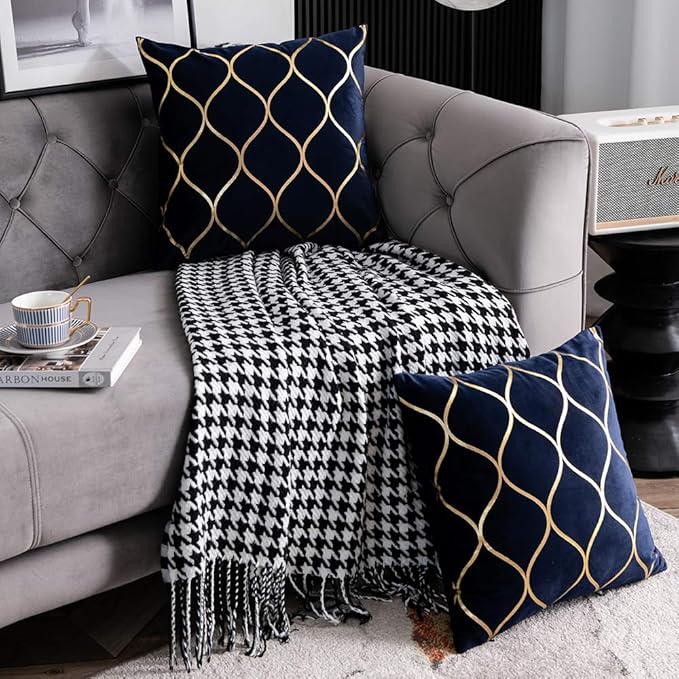 Gold Velvet Throw Pillow Covers Navy: 2 Pack 24x24 Inch Square Decorative Pillow Cases for Bedroom Sofa Couch Living Room