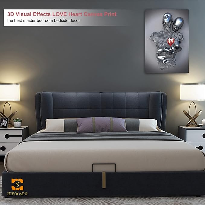 HIPOCAPO 3D Metal Effect Wall Art - Love Heart Canvas Art, Silver Abstract Hug Lovers Painting Picture Poster Prints for Bathroom, Romantic Couple Living Room Framed24”x36”x1Pcs 3d Art-11
