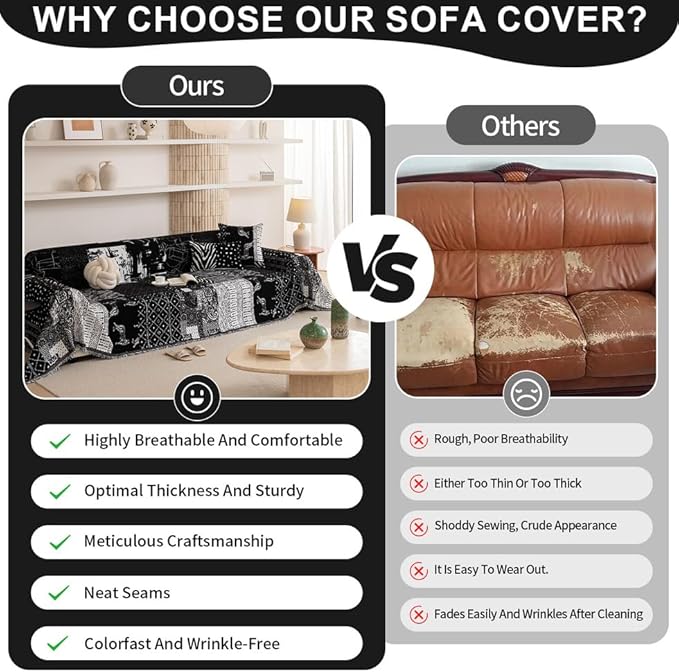ROOMLIFE Boho Black Couch Covers for 3 Cushion Sofa, Chenille Couch Cover Sectional Sofa Cover for Dog, Washable Furniture Sofa Protector Cover Soft Blanket with Tassel for Living Room, 71 '' X 118''