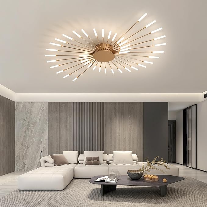 JAYMP Ceiling Light Modern Flower Shape Ceiling Lamp for Living Room Dining Room Flush Mount Metal Acrylic Sputnik Firework Petal LED Lighting Fixture (Matte Gold, 42 Lights)