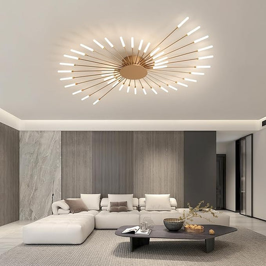 JAYMP Ceiling Light Modern Flower Shape Ceiling Lamp for Living Room Dining Room Flush Mount Metal Acrylic Sputnik Firework Petal LED Lighting Fixture (Matte Gold, 42 Lights)