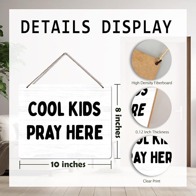 Udinaz Christian Nursery Hanging Sign, Kids Room Wall Decor, Cool Kids Pray Here Hanging Wood Plaque Decor for Boys Girls Nursery Bedroom Playroom Prayer Room Wall Door Decorations