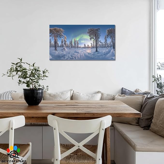 GUTTATY Christmas Winter Canvas Wall Art, Northern Lights Winter Scene Canvas Prints, Snowy Forest Landscape Poster Picture, Holiday Artwork for Living Room, Bedroom, Office, 16x8 Inch