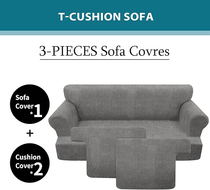 3 Piece T Cushion Sofa Slipcovers Stretch Couch Cover Furniture Covers with 2 Individual T Cushion Covers, Machine Washable for Living Room (Light Gray, 2 Cushions)