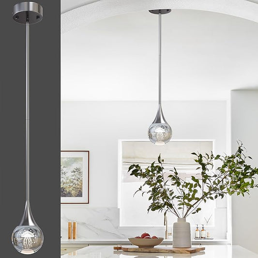 1-Pendant Lights Kitchen Island, Chrome Silver Crystal Globe Ceiling Hanging Light Fxitures, LED Lamp Metal Rod Ceiling Jellyfish Pendant Lighting for Kitchen Dining Room Bar