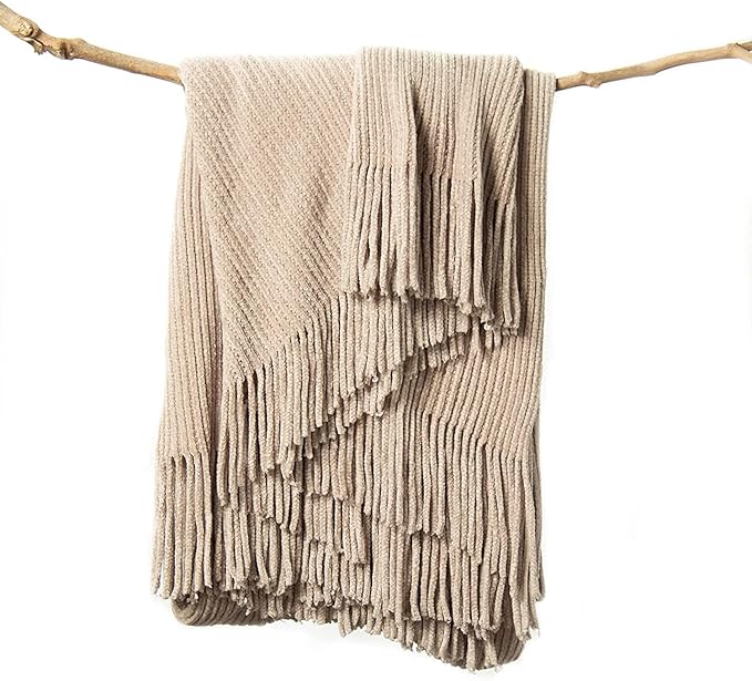 lifein Throw Blanket for Couch, Soft Boho Decor Bed Throw,Cozy Beige Knitted Chenille Small Farmhouse Lightweight Throw (Beige,60 * 80")