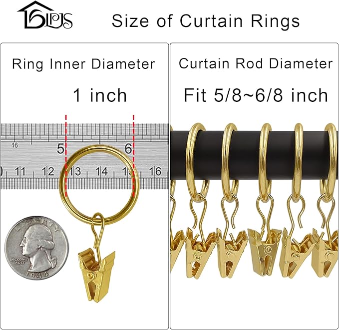 44 Pack Curtain Rings with Clips, Curtain Clip Rings Hooks, Bow Hanger Clips for Hanging Drapery Drapes Bows, Ring 1 inch Interior Diameter, Fits up to 5/8" Rod, Gold