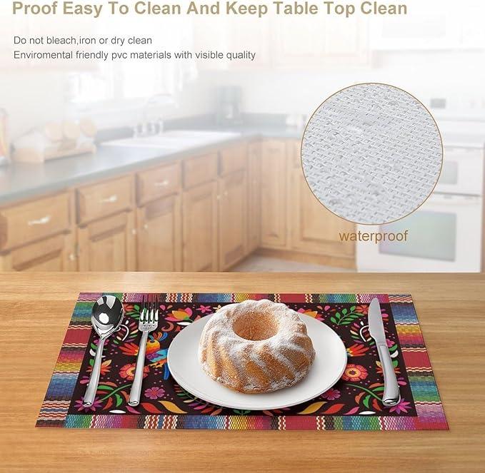 Mexican Cinco De Mayo Placemat Set of 6, 12x18 Inch Colorful Mexico Fiesta Talavera Floral Birds Dia De Los Muertos Day Vintage Coffee Table Mats for Outdoor Kitchen Dining Table Decoration