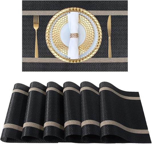 FAVE Placemats Set of 12 Black Placemats Woven with Golden Thread Heat Resistant 12 Vinly Place Mats for Wedding, Banquet, Birthday, Party, Restaurant (Black, 12"x18"-12PCS)