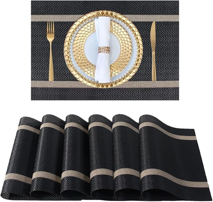 FAVE Placemats Set of 4 Black Placemats Woven with Golden Thread Durable and Wipeable Vinyl Placemats Table Mats Set of 4 for Wedding, Banquet, Birthday, Party, Restaurant (Black, 12"x18"-4PCS)