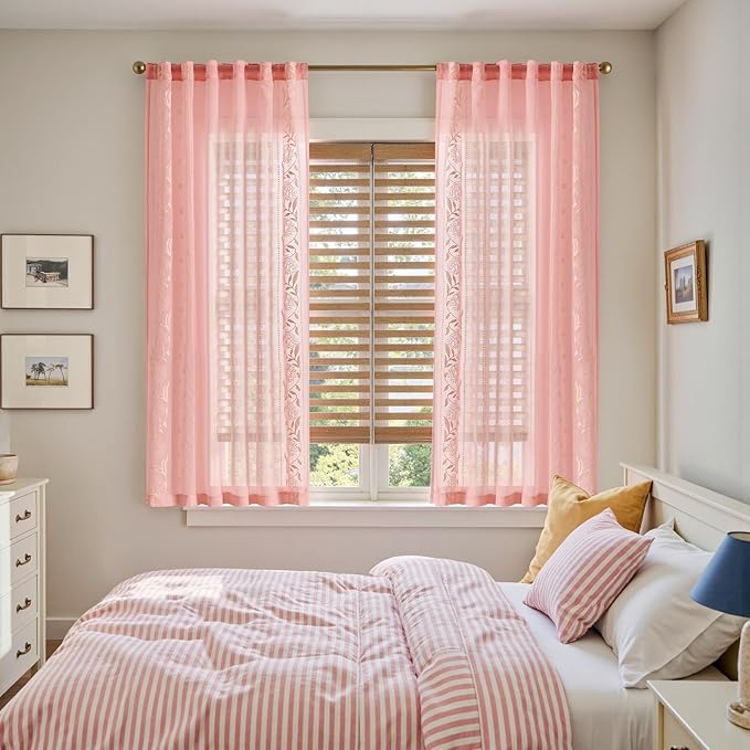 jinchan Winslow Sheer Curtains 63 Inch Length for Dorm Bedroom Bordered Floral Pattern Decorations Short Curtains Light Filtering Window Treatments, 50W x 63L, Beige on Pink, 2 Panels
