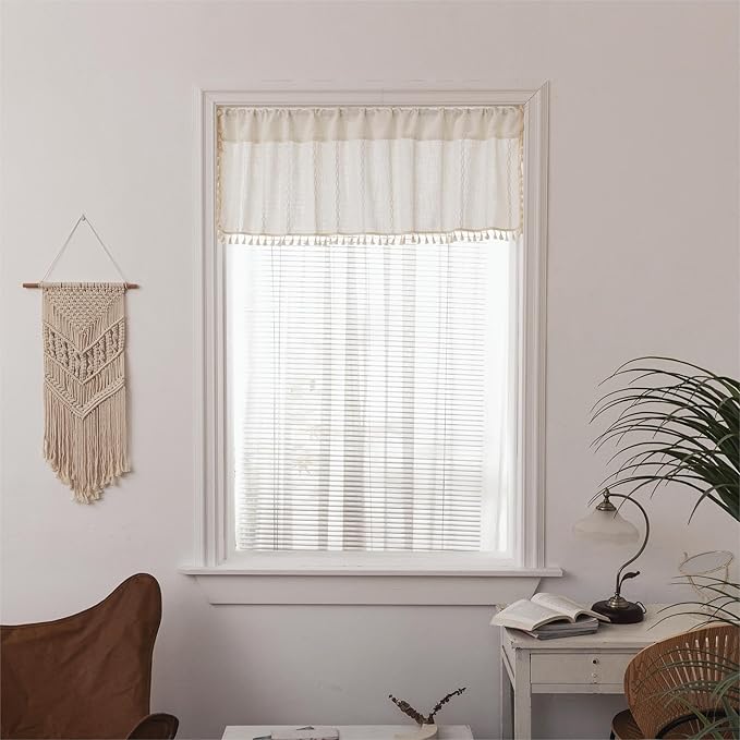 Sutuo Home White Boho Valance Curtains Tier 36 inches for Kitchen Cafe Closet, Short Farmhouse Vintage Tassels Window Treatment Bohemian Stripe Embroidery Drape Rod Pocket 1 Panel 52" W x 36" L