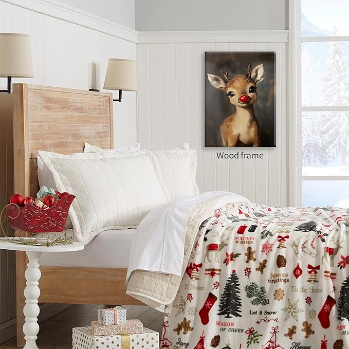 Christmas Reindeer Wall Art Winter Cute Whimsical Animal Canvas Poster 12x16 inch Framed Vintage Red Nose Deer Painting Prints for Rustic Living Room Bedroom Wall Decor