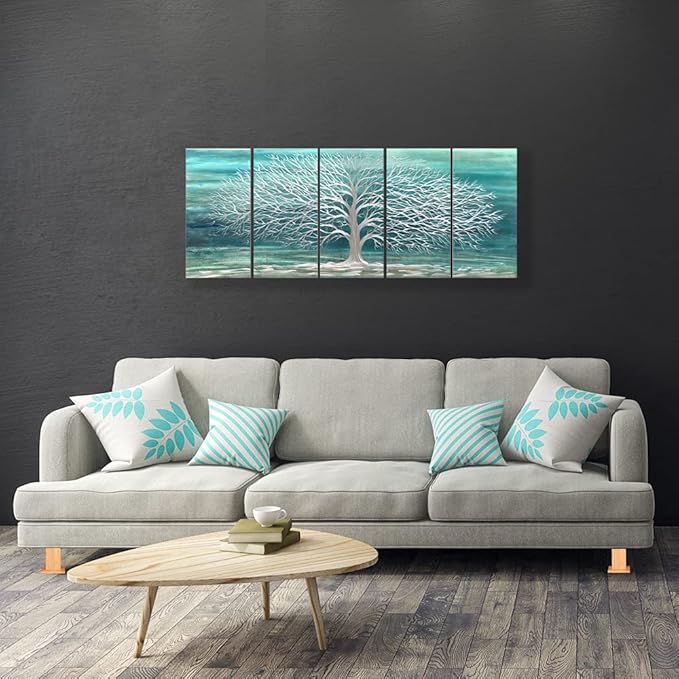 RICHSPACE ARTS Home and Kitchen Metal Wall Art Gray White Tree Turquoise Nature Scene Decor 3d Wall Sculpture with Hanger Set of 5-Piece Ornament