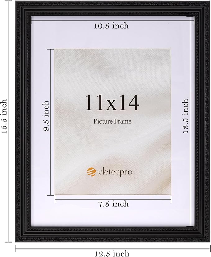 eletecpro 11x14 Picture Frames Set of 2, Vintage Photo Frame with Glass, Ornate Gothic Frames 11 x 14 Display 8x10 Photo with Mat or 11x14 without Mat for Tabletop or Wall Decor, Black