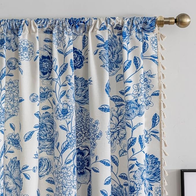 F-CHU Bohemian Drapes for Bedroom 63 Inch French Country Floral 2 Panel Blue Curtains