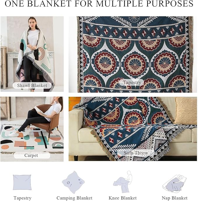 Double-Sided Cotton Woven Throw Blanket with Tassel Jungle Bohemian Style Tapestry Shawl Multi-Function Decorative Throws for Sofa Bed Armchair Camping Blanket Tablecloth Carpet 160x130cm
