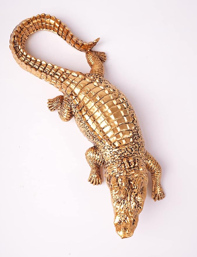 HAUCOZE Crocodile Sculpture Statue Animal Figurine Geometric Decor Polyresin Gold 14 inch