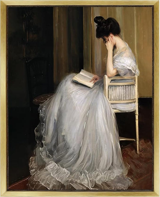 AIMAILON Vintage Gold Canvas Wall Art Framed Decor for Living Room School Elegant Reading Girl in White Dress Portrait Classical Aesthetic Artwork Home Decoration 8x10