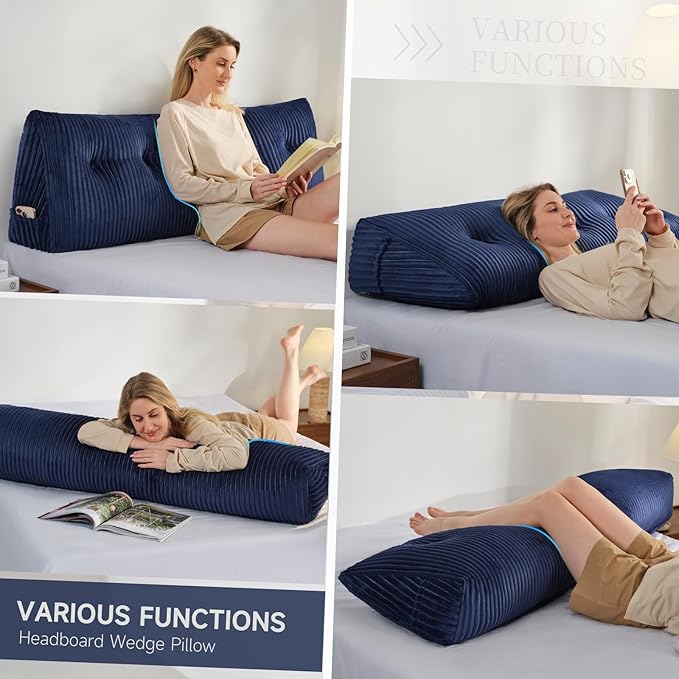 Z-hom King Headboard Pillow, Triangular Wedge Reading Pillow for Bed or Sofa, Ergonomic Backrest Cushion for Sitting Up, Reading or Relaxing, with Side Pocket，Removable Washable Cover,Blue