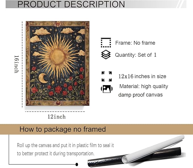 Eeuqiauot Vintage Sun Moon Flowers Wall Art Retro Celestial Floral Wall Decor Gothic Wildflowers Painting Tarot Crescent Picture Moon Star Wildflower Poster for Living Room Bedroom 12x16inch Unframed
