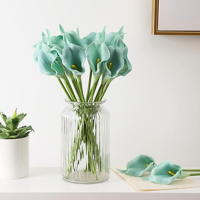 Duovlo 20pcs Calla Lily Bridal Wedding Bouquet Lataex Real Touch Artificial Flower Home Party Decor (Lake Blue)