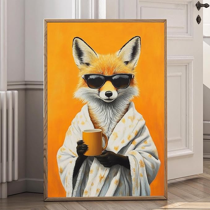 Funny Fox Canvas Wall Art Vintage Fox Bathrobe Posters Prints Animals Drinking Coffee Wall Art Portrait Painting Wildlife Pictures Wall Decor for Living Room 16x24inch Unframed