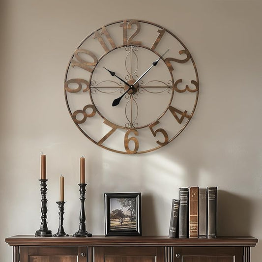 Cuspin 30 Inch Wall Clock, Large Decorative Wall Clock for Living Room, Silent Non-Ticking Battery Operated Metal Round Retro Rustic Arabic Numerals Analog Bronze Clock for Kitchen Mantel Office