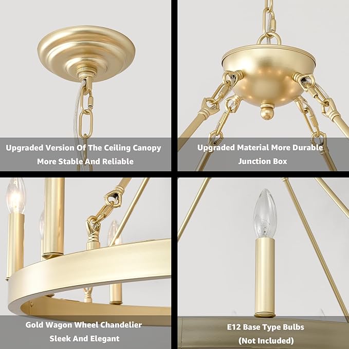 Gold Wagon Wheel Chandelier Farmhouse 32-Inch, 12-Light Modern Gold Chandelier for Dining Room, Round Iron Industrial Chandeliers Light Fixture for Living Room, Foyer, Entryway, E12
